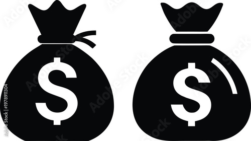 Black and white vector graphic illustration of two money bags, one tied with a drawstring, both displaying a dollar sign