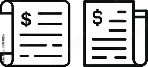Financial documents with dollar signs and lines representing invoices, receipts, and bills on white background, clean and modern vector art