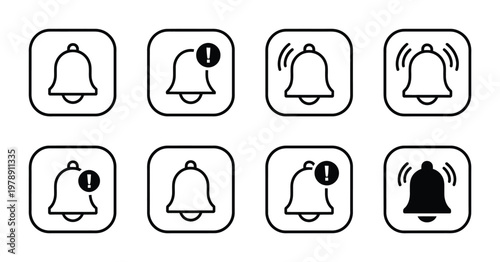 Alarm bell warning icon pack, emergency alert symbols, notification and caution graphics, danger indicator icons, security siren elements