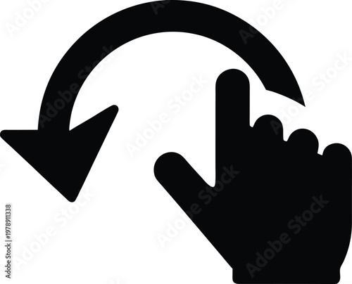 A black icon representing a hand gesture indicating a curved arrow, suggesting a swipe or turn action for navigation or interaction