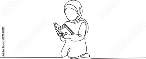 One continuous line drawing of little girl carrying a Qur'an standing up to recite the Quran. one line art icon drawing vector