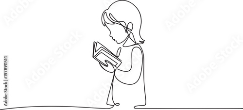 One continuous line drawing of little girl carrying a Qur'an standing up to recite the Quran. one line art icon drawing vector