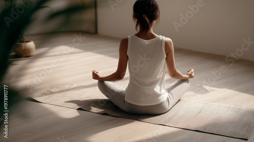 室内でヨガマットの上に座り瞑想する女性の後ろ姿