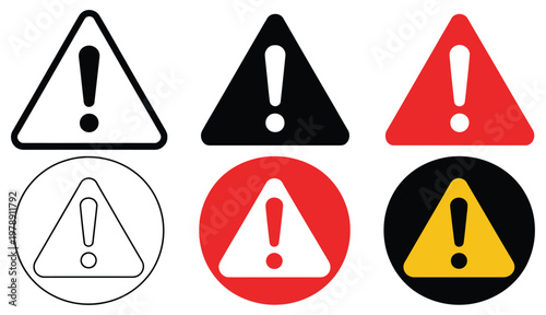 Warning icon vector illustration, danger caution alert risk symbols, exclamation mark triangle signs, safety notice graphics, hazard warning icons,