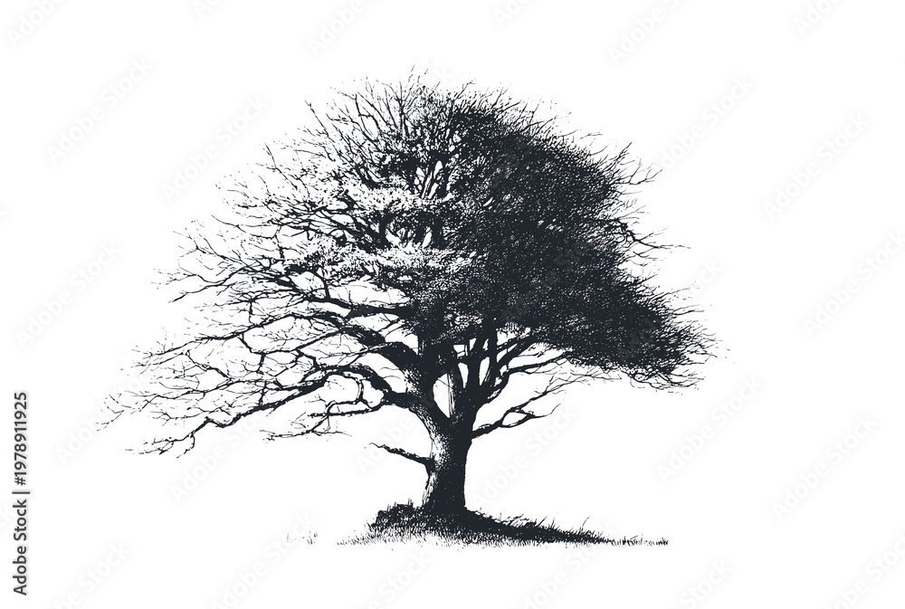 Obraz premium Winter sycamore tree without leaves showing intricate branch network and grass base isolated on white background for seasonal graphics