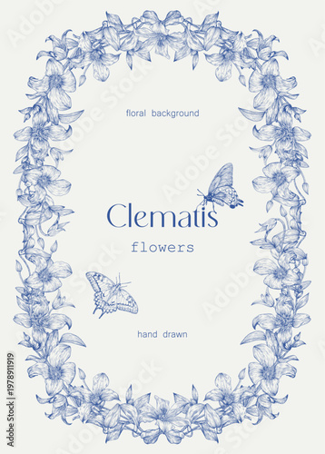 Toile art Vector vintage flowering frame blue beige Floral background Clematis flowers, buds, butterflies engraved elements. Hand drawn illustration for design greeting card, wedding decor, invitation