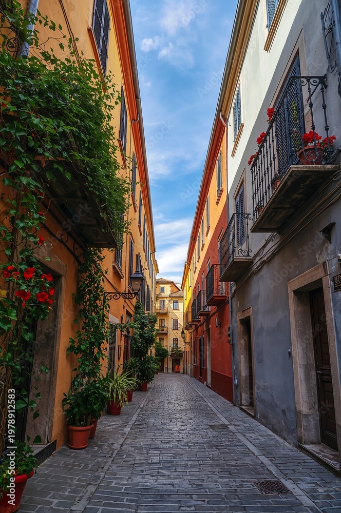Fototapeta premium Charming narrow street where colorful historic buildings meet lush floral displays.