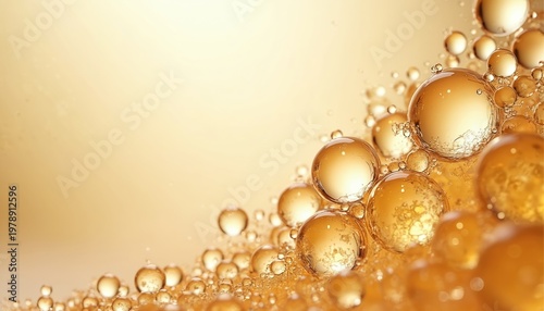 Golden liquid bubbles form abstract pattern. Transparent spheres float in fluid, creating light reflections and soft background. Macro view of oil or water droplets.