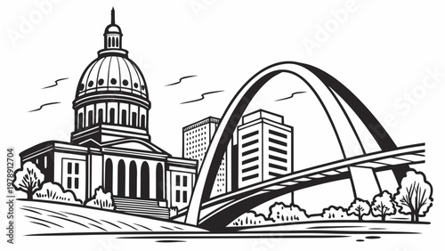 A black and white vector illustration of the Missouri State Capitol building and the Gateway Arch in St. Louis