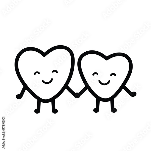 Happy heart characters holding hands outline icon