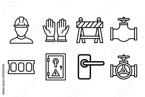 Construction and industrial safety icons with hard hat protective gear traffic cone construction site circuit breaker door handle industrial