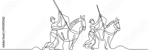 Kuda lumping or jaran kepang dancers traditional. one line icon drawing vector