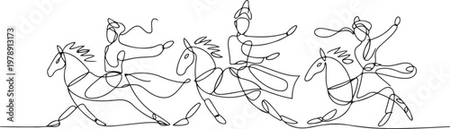Kuda lumping or jaran kepang dancers traditional. one line icon drawing vector