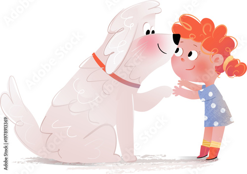 Girl hugging a dog with love and care. Child and pet friendship characters cartoon. Isolated clip art for kids design and education. Vector cartoon illustration, watercolor pencil drawing for children