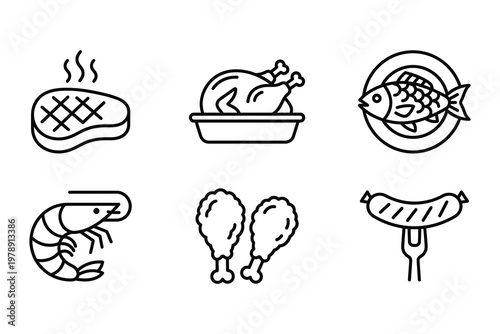 Collection of six meat and seafood icons with roast chicken legs food and drink illustration foodstuff barbecue appetizer restaurant nourishment