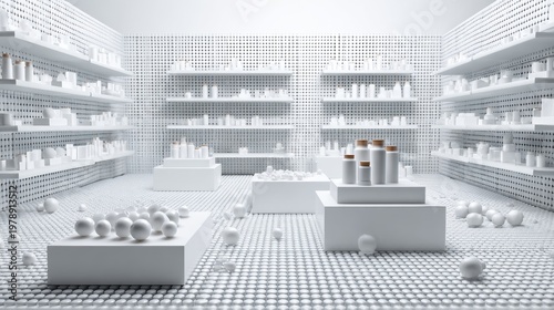 White minimal store interior with shelves and products creating clean retail composition with futuristic aesthetic design scene