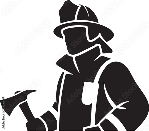 Firefighter with axe in uniform protective gear helmet ready for duty emergency services professional rescuer safety occupation job career brave hero