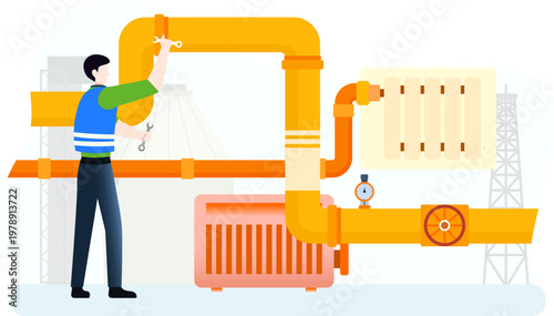 Industrial Pipeline Maintenance Technician Adjusting Valve on Factory Pipe System, Industrial Heating, Utility Infrastructure Illustration