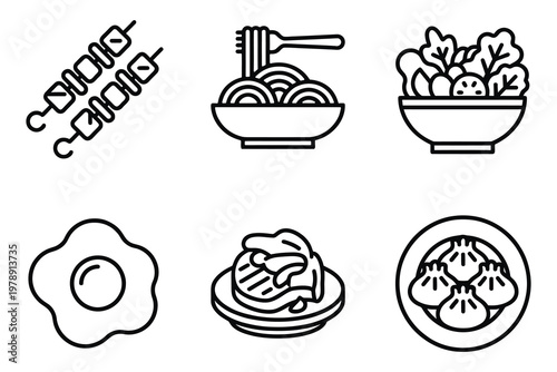 Variety of six cooked food icons with fried egg steak and salad main course side dish dumplings illustration foodstuff nourishment restaurant appetizer