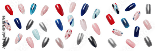 Quadro em tela Set Of Three Different Multi Colored Artificial Press On Nails Isolated On Plain