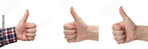 Fotografi Set Of Three Human Hands Showing Thumbs Up Positive Success Gesture Isolated On
