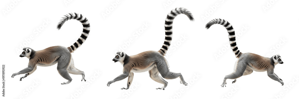 Fototapeta premium Ring Tailed Lemur Walking Action Pose Set Isolated on Pure White Background for Nature Wildlife Design