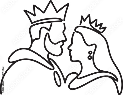Continuous single one line sketch drawing of royal king and queen. one line icon drawing vector