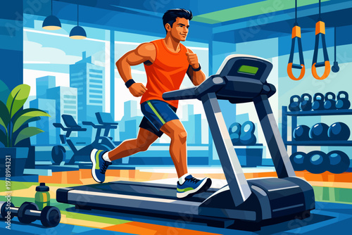 Fit man running on treadmill in modern gym with city view and weights