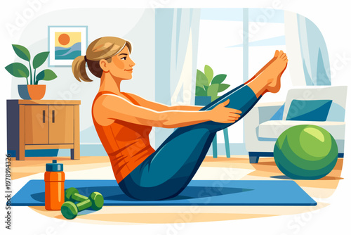 Woman practicing yoga boat pose at home with dumbbells and exercise ball nearby