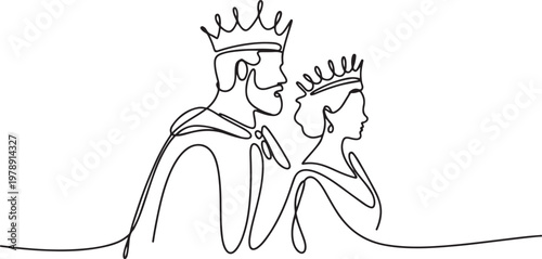 Continuous single one line sketch drawing of royal king and queen. one line icon drawing vector