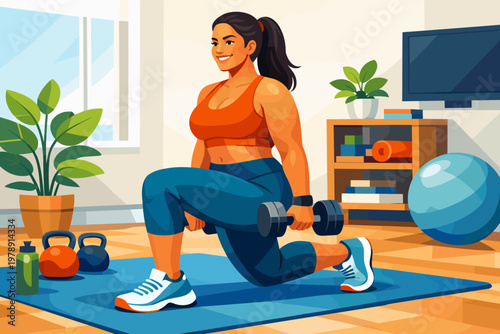 Woman doing lunges with dumbbells at home for a healthy lifestyle