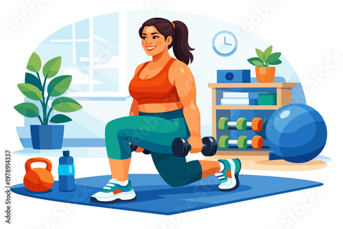 Plus-size woman performing lunges with dumbbells in a bright, modern home gym setting