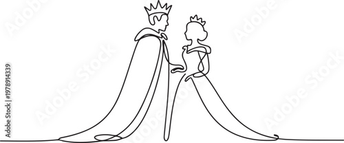Continuous single one line sketch drawing of royal king and queen. one line icon drawing vector