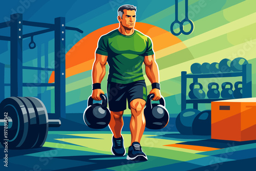 Muscular man carrying heavy kettlebells in a vibrant, stylized gym setting