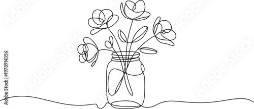 Continuous single line of beautiful romantic aesthetic flower in vase glass jar. one line art icon drawing vector