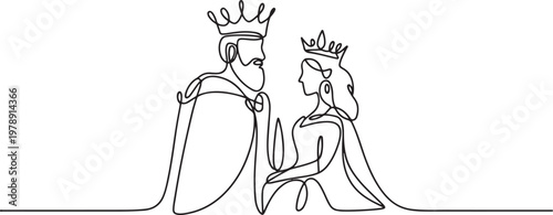 Continuous single one line sketch drawing of royal king and queen. one line icon drawing vector