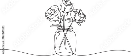 Continuous single line of beautiful romantic aesthetic flower in vase glass jar. one line art icon drawing vector