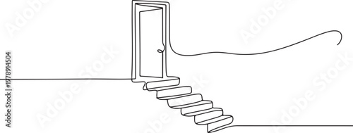 Continuous single line sketch drawing of open door and stairs for business achievement and future freedom hope entrance opportunity. one line art icon drawing vector