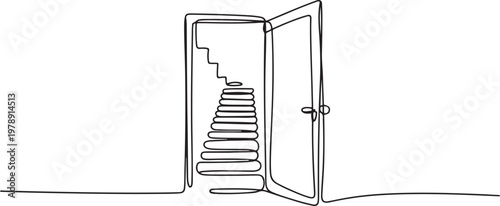 Continuous single line sketch drawing of open door and stairs for business achievement and future freedom hope entrance opportunity. one line art icon drawing vector