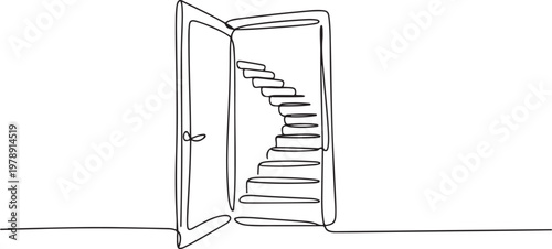 Continuous single line sketch drawing of open door and stairs for business achievement and future freedom hope entrance opportunity. one line art icon drawing vector
