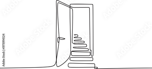 Continuous single line sketch drawing of open door and stairs for business achievement and future freedom hope entrance opportunity. one line art icon drawing vector