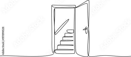 Continuous single line sketch drawing of open door and stairs for business achievement and future freedom hope entrance opportunity. one line art icon drawing vector