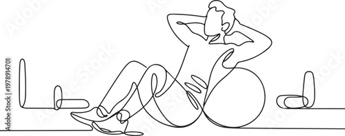 young energetic man exercise sit up and stretch with fitness ball in gym fitness healthy lifestyle sport. one line icon drawing vector