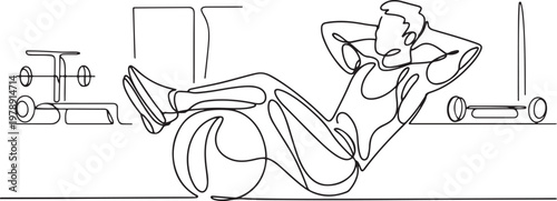 young energetic man exercise sit up and stretch with fitness ball in gym fitness healthy lifestyle sport. one line icon drawing vector