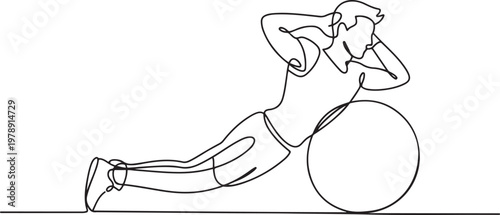 young energetic man exercise sit up and stretch with fitness ball in gym fitness healthy lifestyle sport. one line icon drawing vector