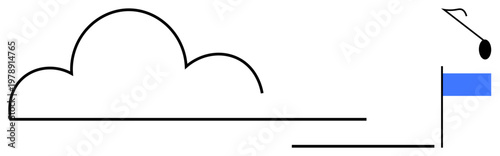 Weather forecasting, sports design, abstract art, minimalism, outdoor recreation, graphic design. Simplistic cloud, flagpole and golf club visuals. Weather forecasting and sports design concepts