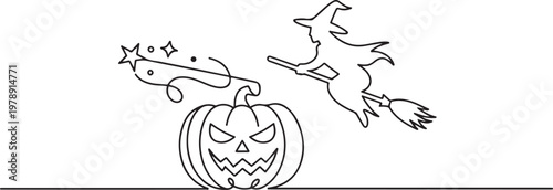 spooky jack o lantern halloween pumpkins horror scary face with flying witch broom magical wand. one line icon drawing vector