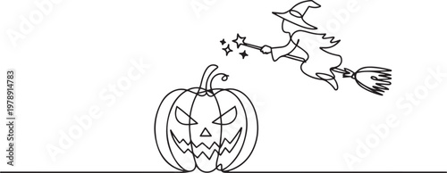 spooky jack o lantern halloween pumpkins horror scary face with flying witch broom magical wand. one line icon drawing vector