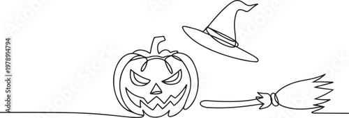 spooky jack o lantern halloween pumpkins horror scary face with flying witch broom magical wand. one line icon drawing vector