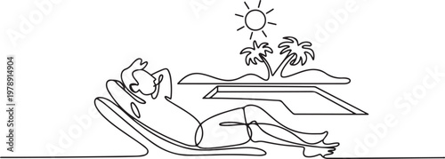 beach vacation summer travel man relaxing with swimming pool. one line icon drawing vector